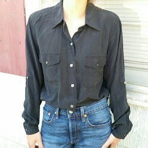 Black silk button down blouse collared
